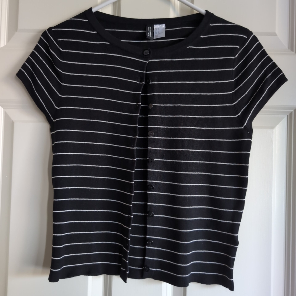 NWOT black and thin white striped short sleeved button cardigan sweater
